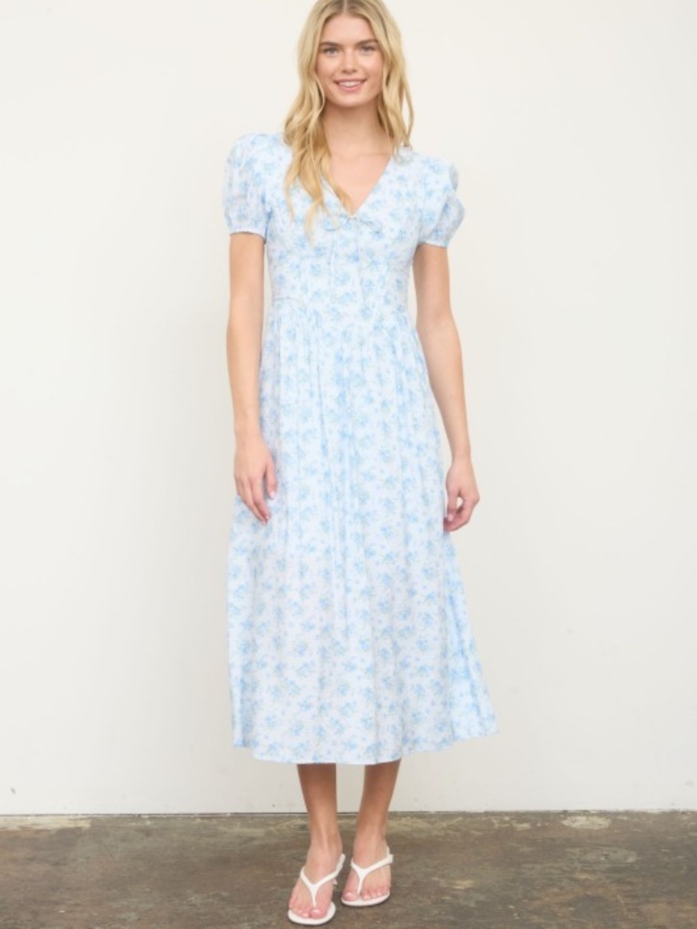 Floral Puff Sleeve V Neck Corset Detail Midi Dress